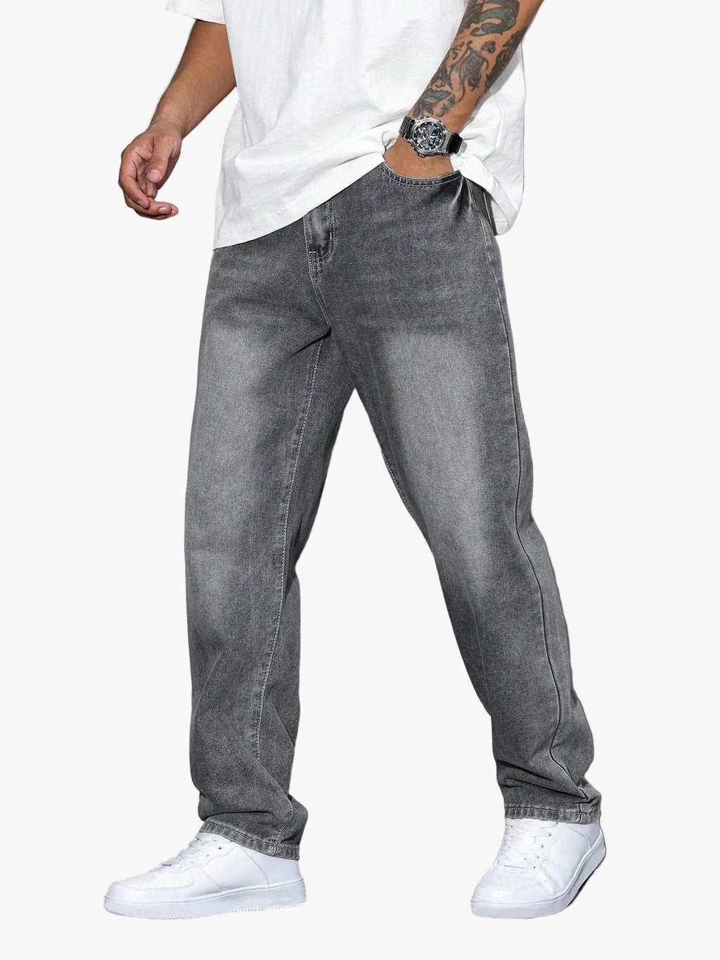 Men's Baggy Denim Jeans with Zip Fly and Five Pockets