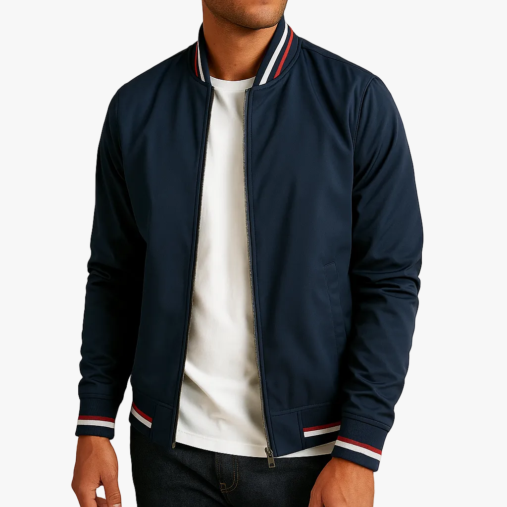 Men's Bomber Jacket with Synthetic Shell and Striped Rib Trim