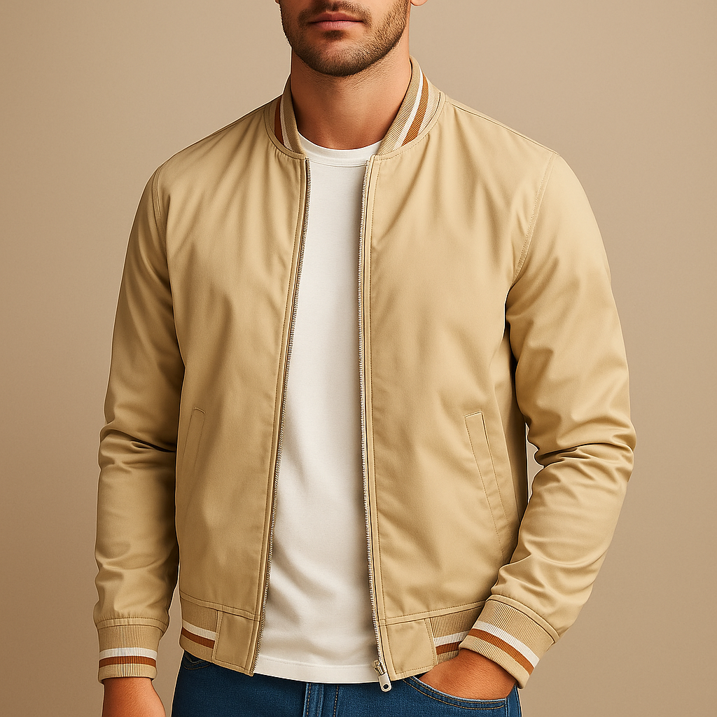 Men's Bomber Jacket with Synthetic Shell and Striped Rib Trim