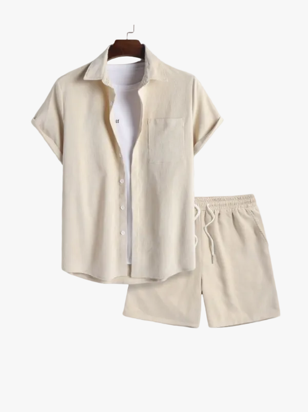 Men's Casual Corduroy Two-Piece Set with Button Shirt and Drawstring Shorts