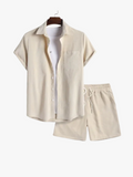 Men's Casual Corduroy Two-Piece Set with Button Shirt and Drawstring Shorts