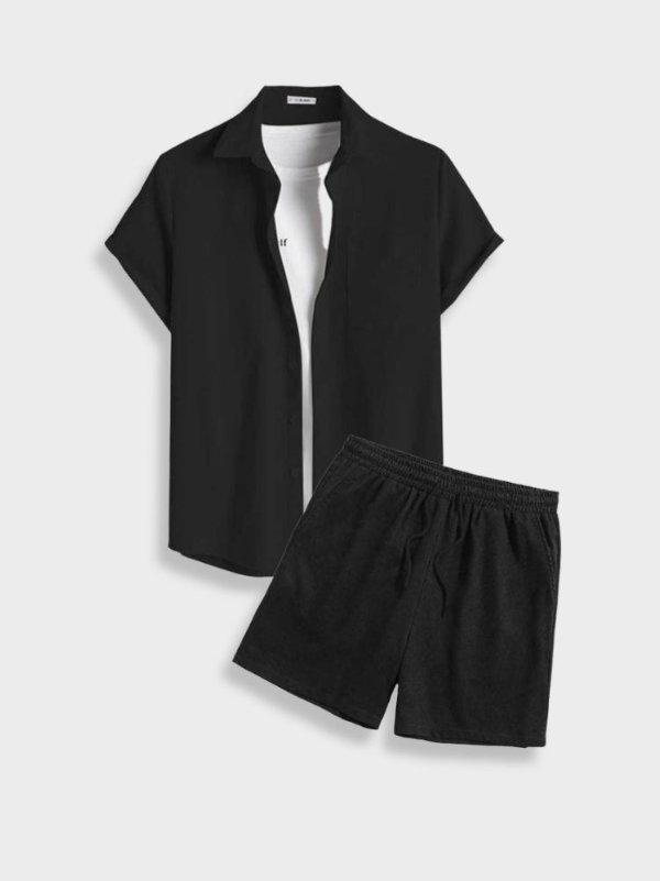 Men's Casual Corduroy Two-Piece Set with Button Shirt and Drawstring Shorts
