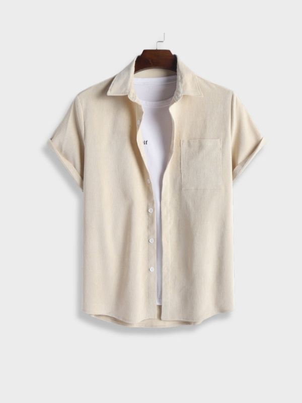 Men's Casual Corduroy Two-Piece Set with Button Shirt and Drawstring Shorts