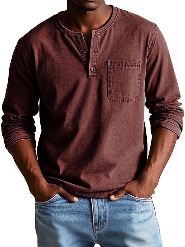 Men's Casual Knit Henley T-Shirt with Chest Pocket and Buttons