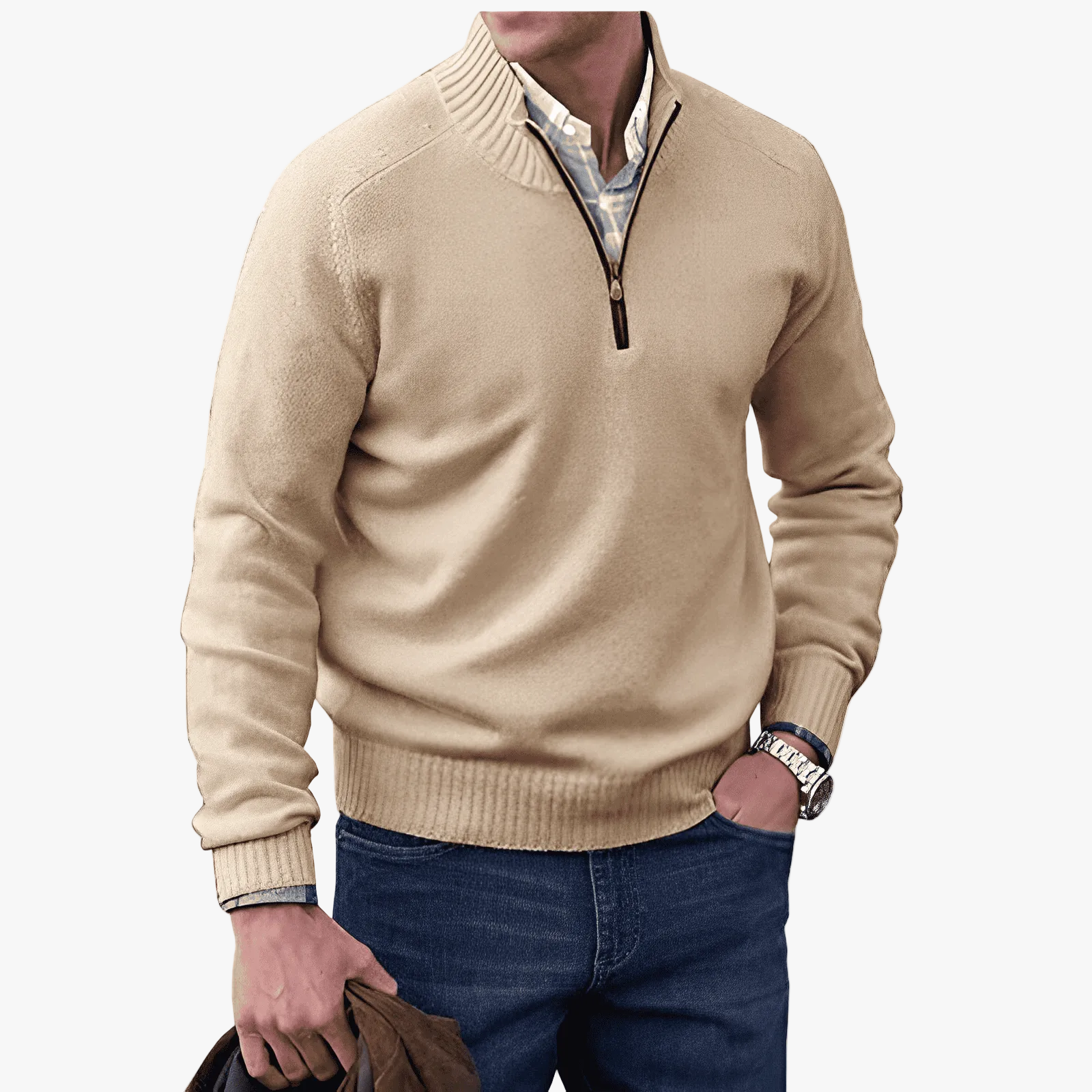 Men's Casual Knit Sweater with Half-Zip Collar and Ribbed Trim