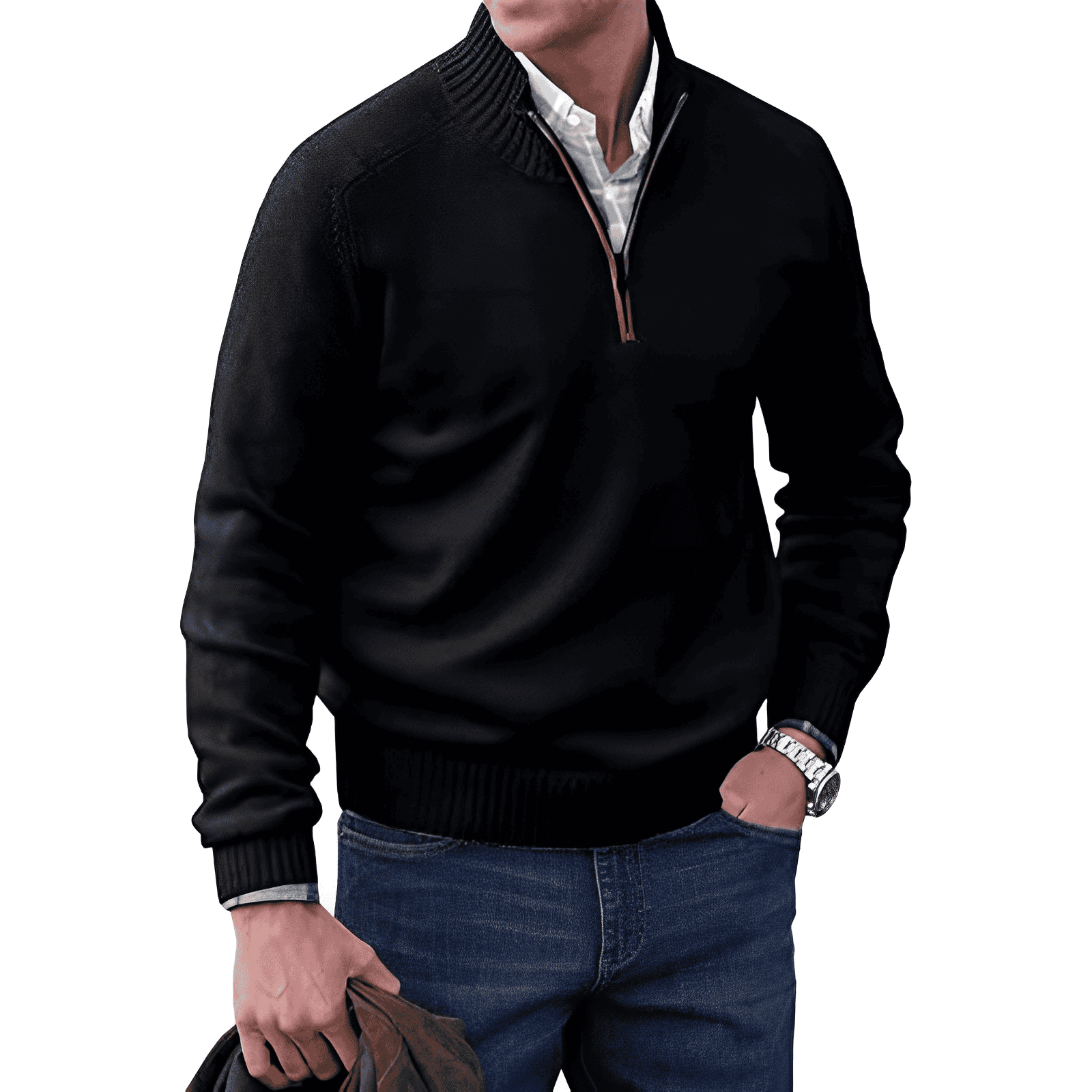 Men's Casual Knit Sweater with Half-Zip Collar and Ribbed Trim