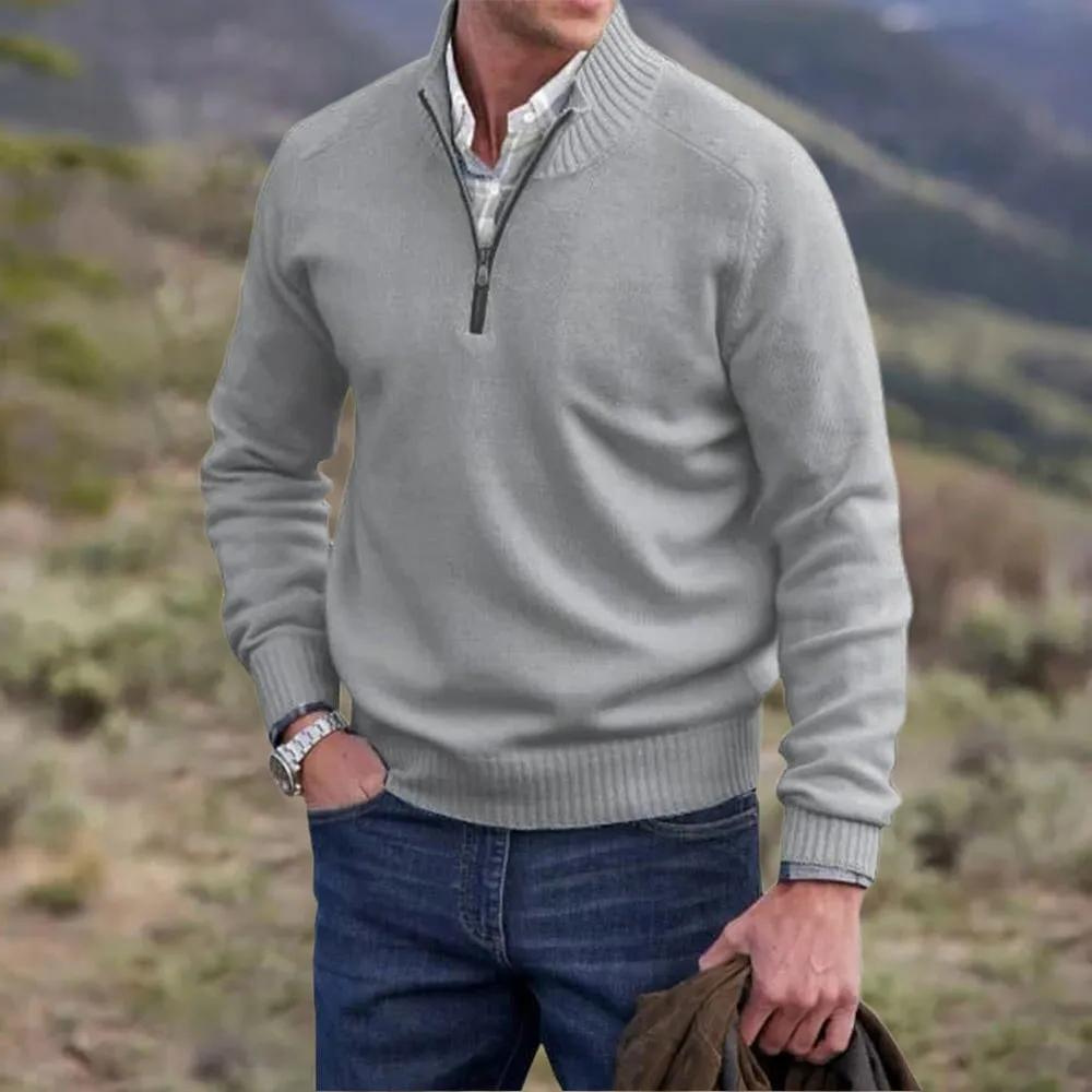 Men's Casual Knit Sweater with Half-Zip Collar and Ribbed Trim