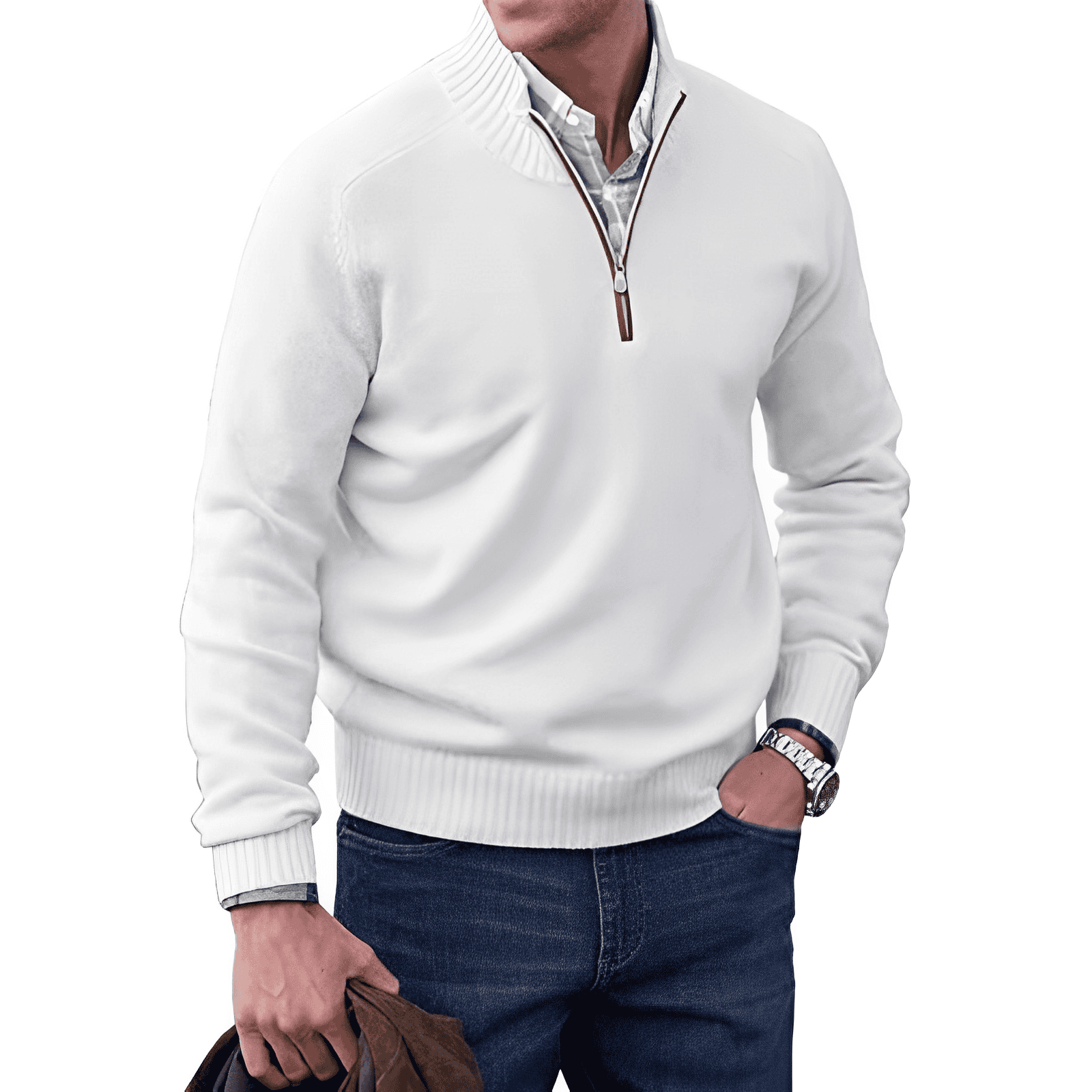 Men's Casual Knit Sweater with Half-Zip Collar and Ribbed Trim