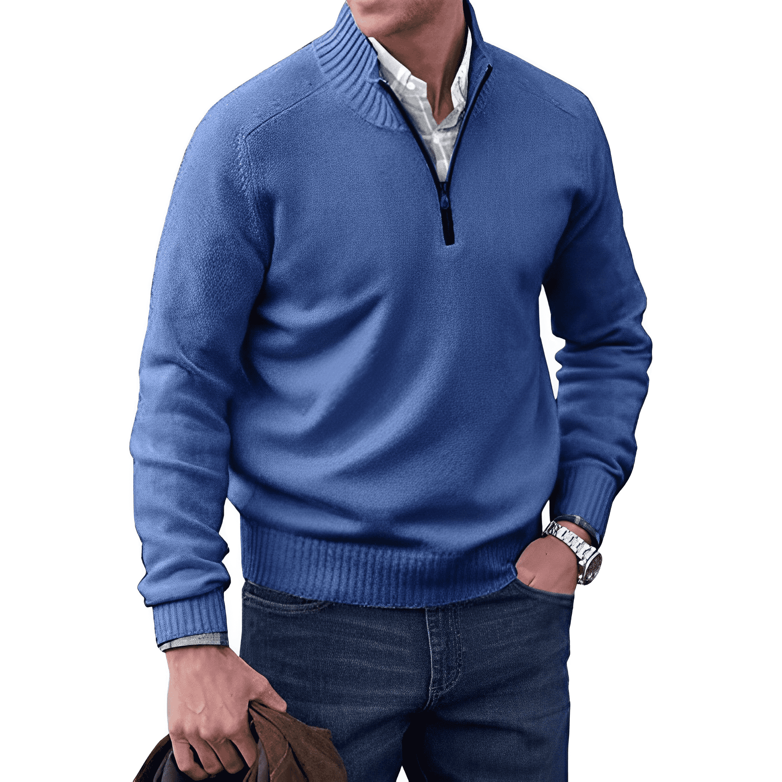 Men's Casual Knit Sweater with Half-Zip Collar and Ribbed Trim
