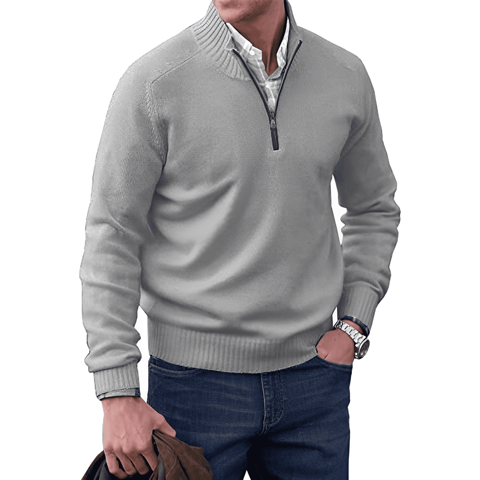Men's Casual Knit Sweater with Half-Zip Collar and Ribbed Trim