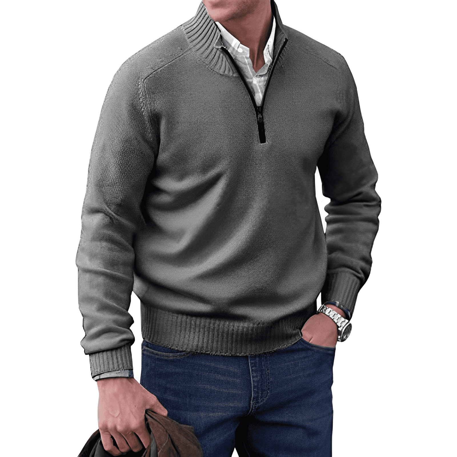 Men's Casual Knit Sweater with Half-Zip Collar and Ribbed Trim