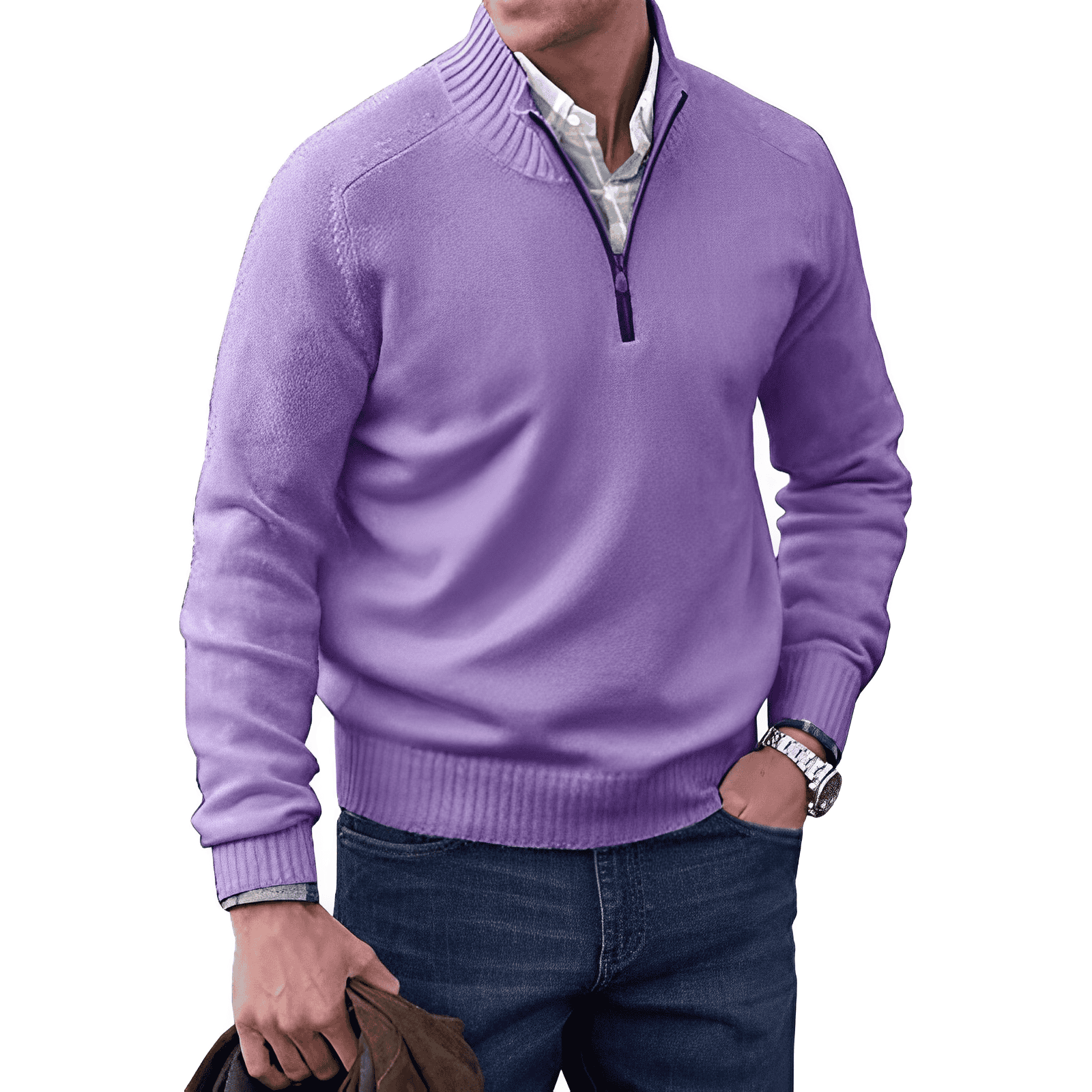 Men's Casual Knit Sweater with Half-Zip Collar and Ribbed Trim