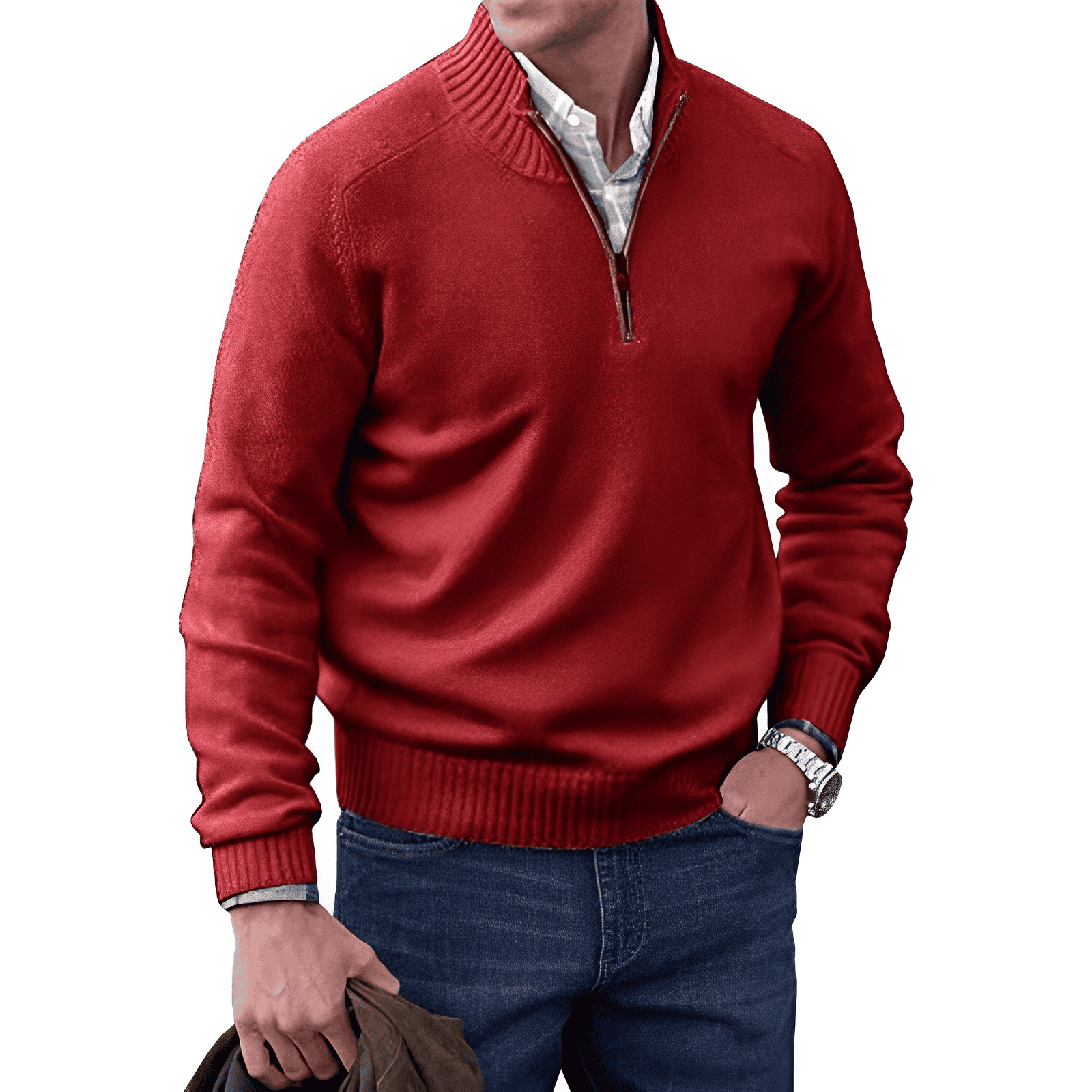 Men's Casual Knit Sweater with Half-Zip Collar and Ribbed Trim
