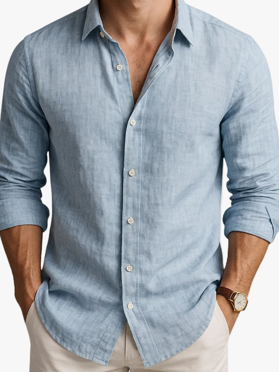 Men's Casual Linen-Blend Shirt with Button Front and Chest Pocket