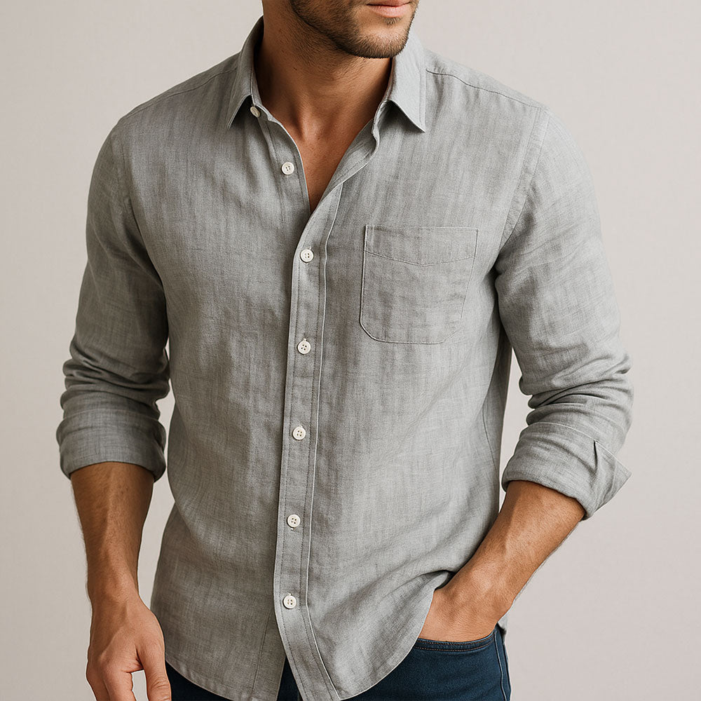 Men's Casual Linen-Blend Shirt with Button Front and Chest Pocket