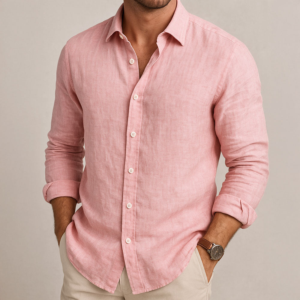 Men's Casual Linen-Blend Shirt with Button Front and Chest Pocket