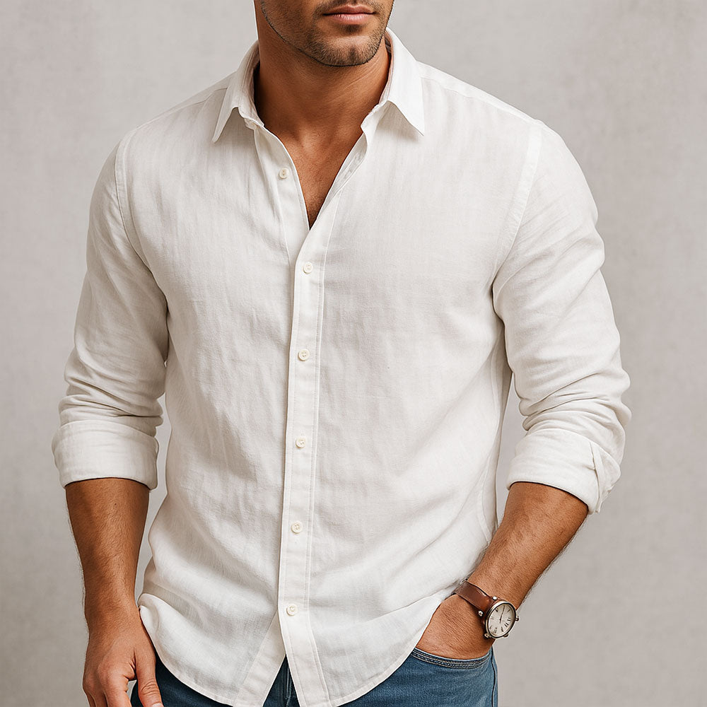 Men's Casual Linen-Blend Shirt with Button Front and Chest Pocket