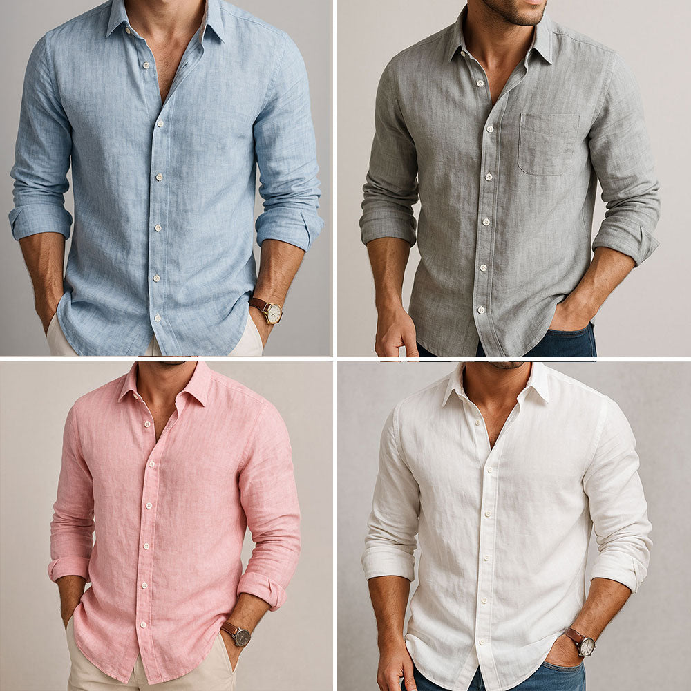 Men's Casual Linen-Blend Shirt with Button Front and Chest Pocket