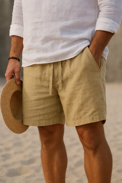 Men's Casual Linen-Blend Shorts with Drawstring Waist and Pockets