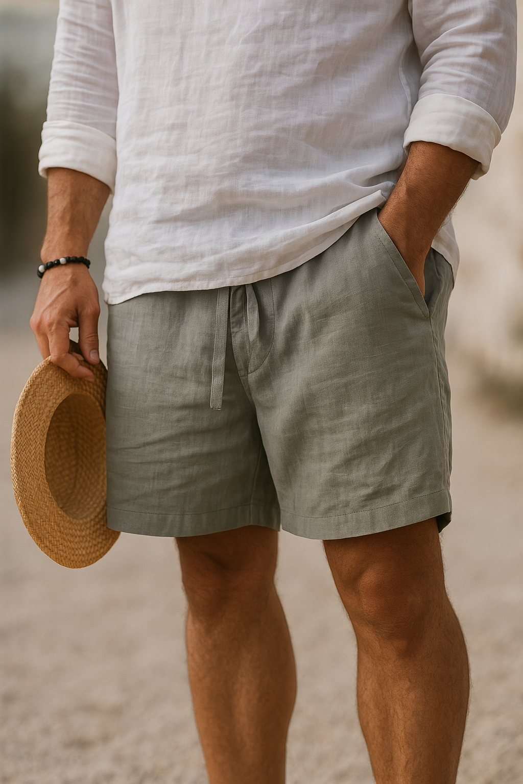 Men's Casual Linen-Blend Shorts with Drawstring Waist and Pockets