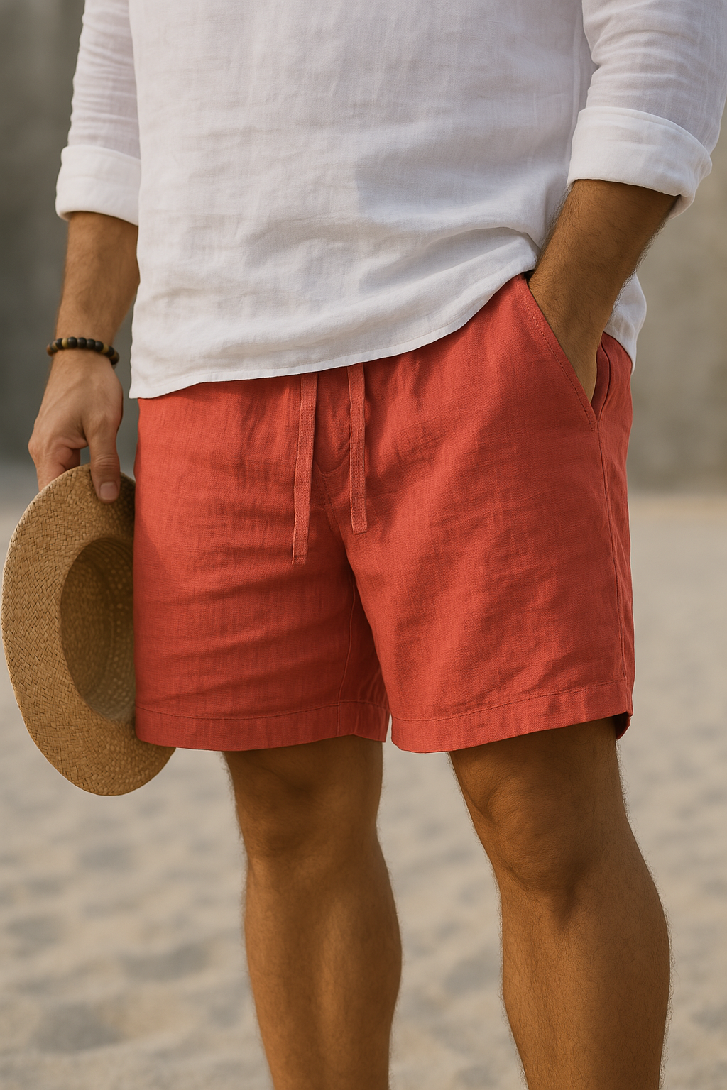 Men's Casual Linen-Blend Shorts with Drawstring Waist and Pockets
