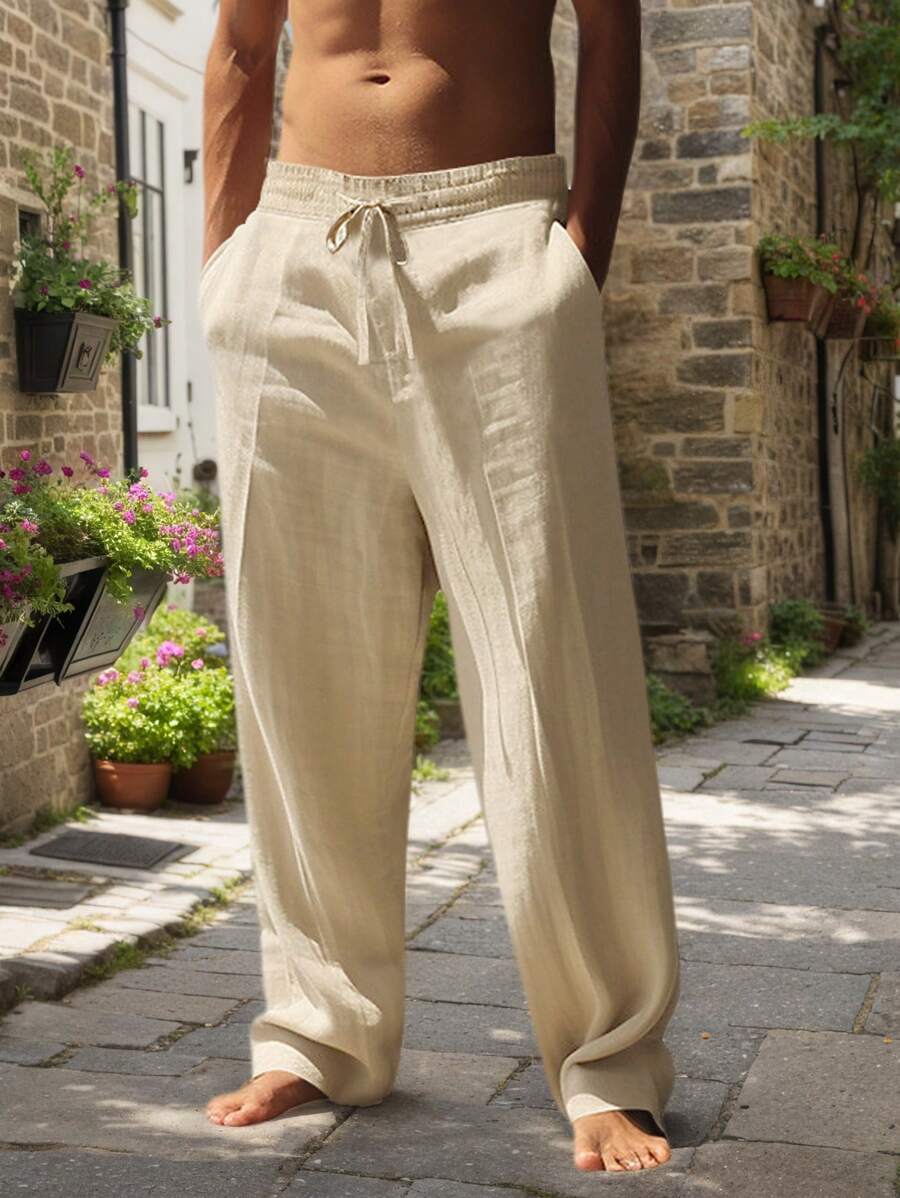Men's Casual Linen Pants with Drawstring Waist and Slant Pockets