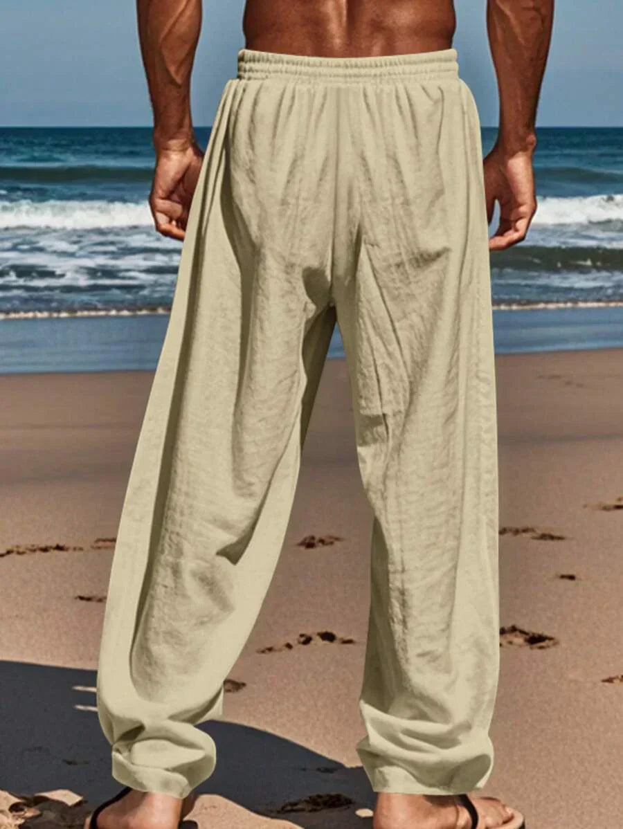 Men's Casual Linen Pants with Drawstring Waist and Slant Pockets