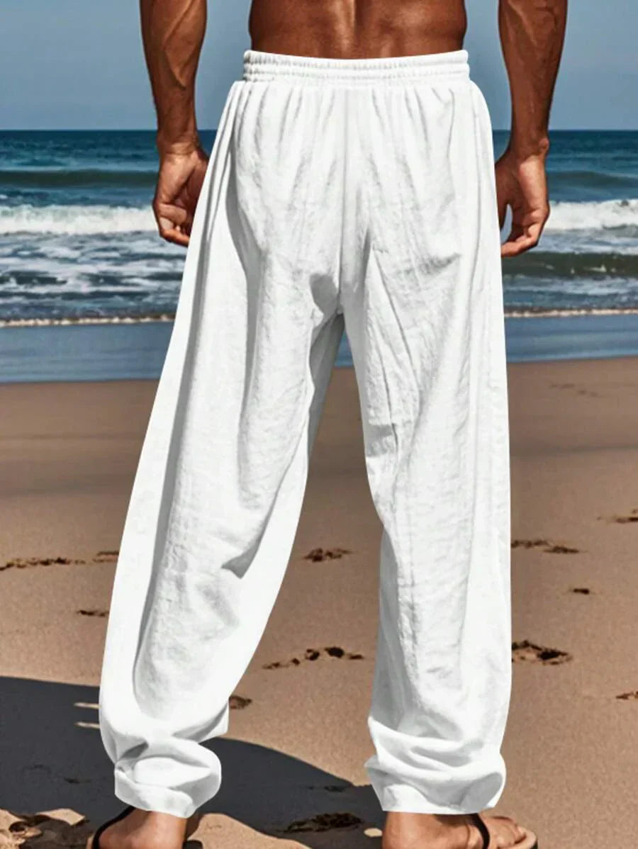 Men's Casual Linen Pants with Drawstring Waist and Slant Pockets