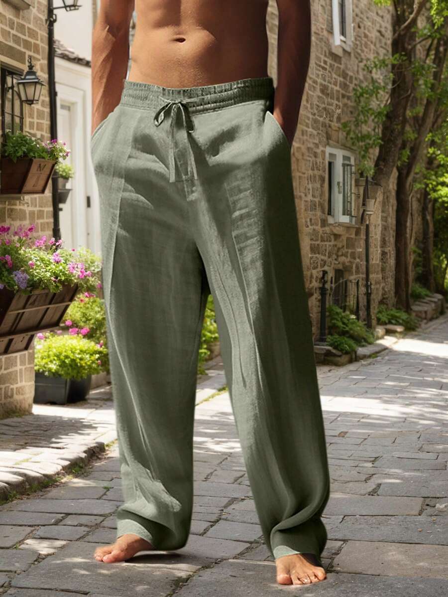 Men's Casual Linen Pants with Drawstring Waist and Slant Pockets