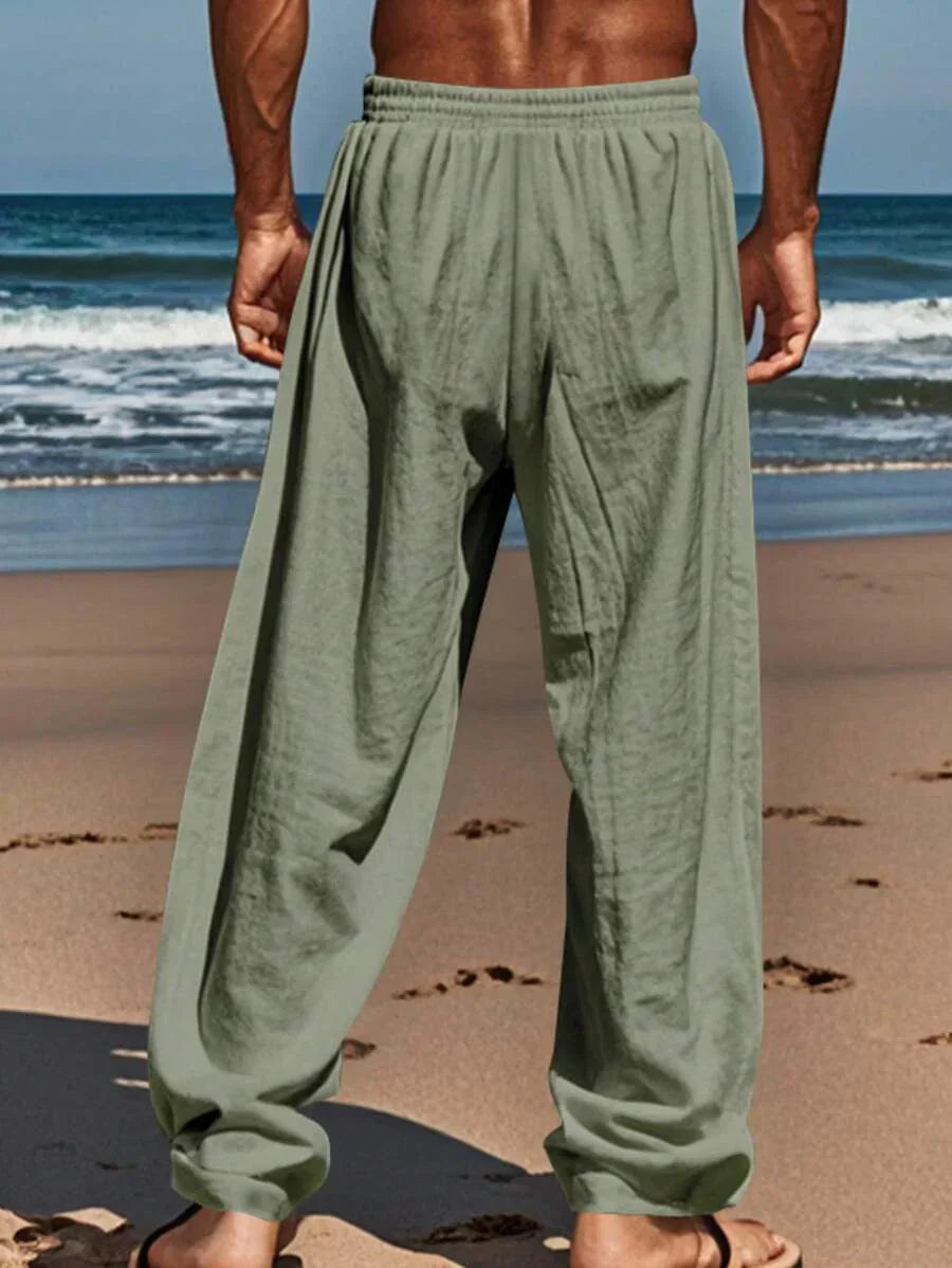Men's Casual Linen Pants with Drawstring Waist and Slant Pockets