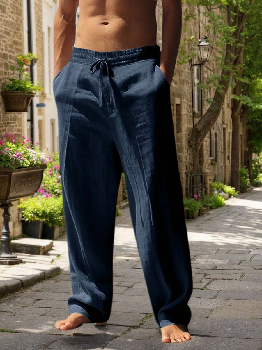 Men's Casual Linen Pants with Drawstring Waist and Slant Pockets