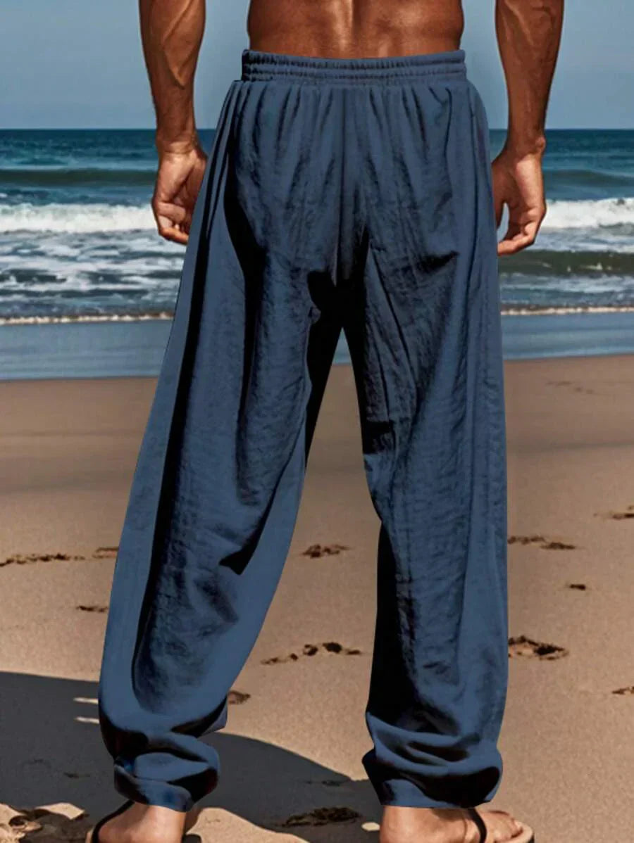 Men's Casual Linen Pants with Drawstring Waist and Slant Pockets