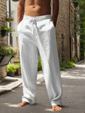 Men's Casual Linen Pants with Drawstring Waist and Slant Pockets