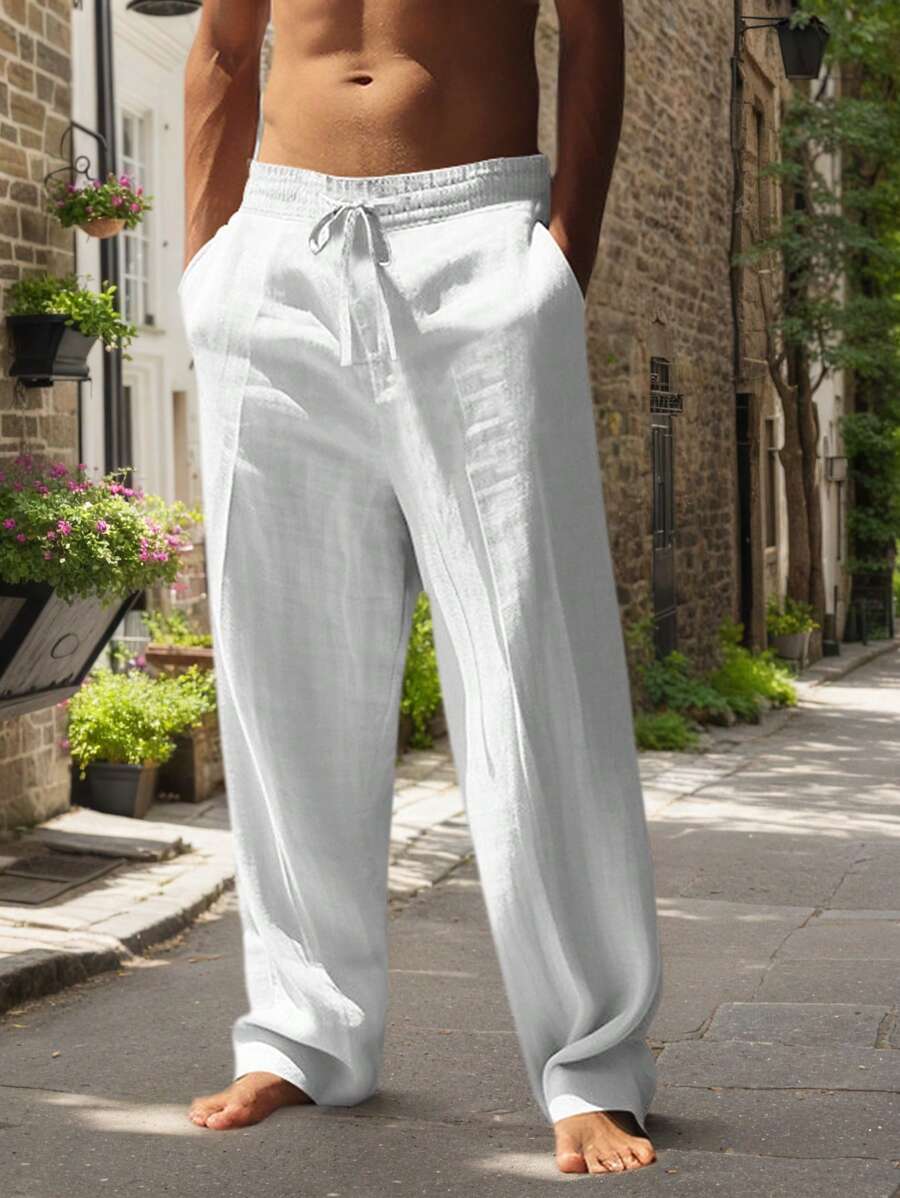 Men's Casual Linen Pants with Drawstring Waist and Slant Pockets