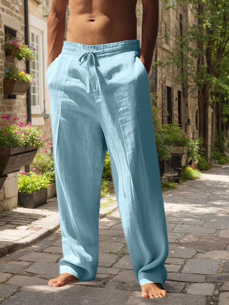 Men's Casual Linen Pants with Drawstring Waist and Slant Pockets