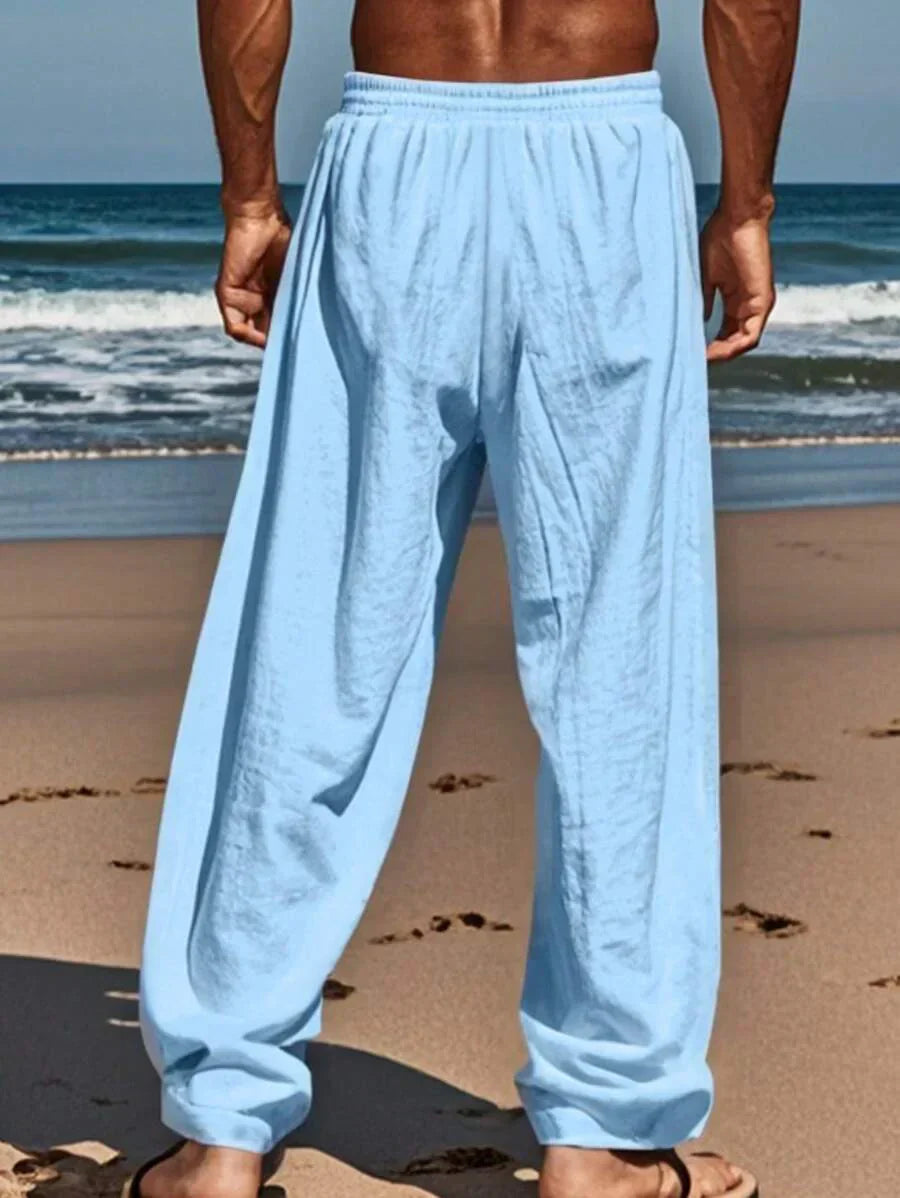 Men's Casual Linen Pants with Drawstring Waist and Slant Pockets