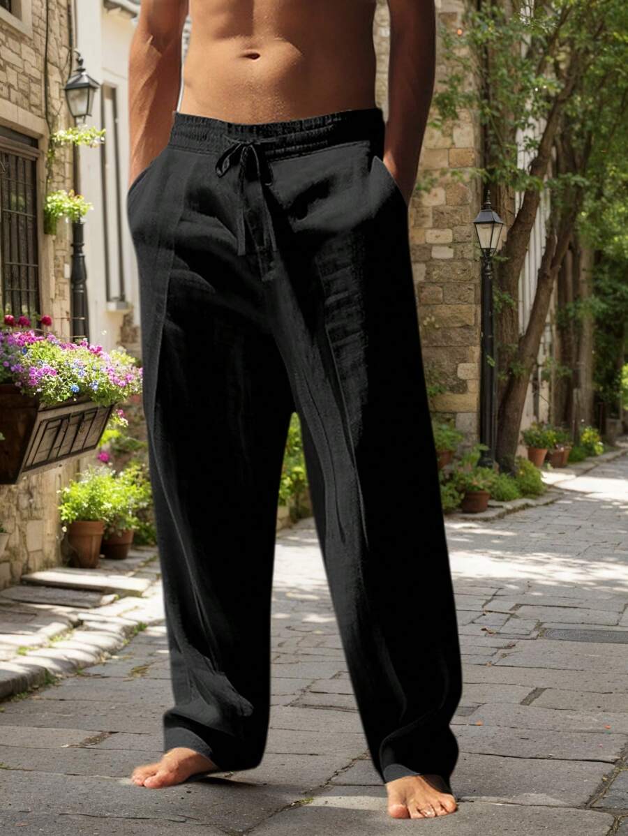 Men's Casual Linen Pants with Drawstring Waist and Slant Pockets