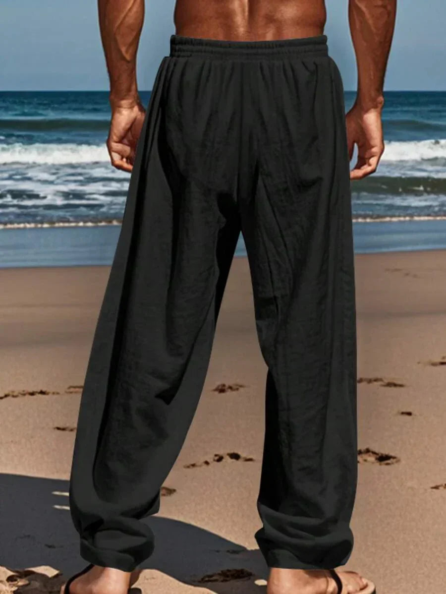 Men's Casual Linen Pants with Drawstring Waist and Slant Pockets