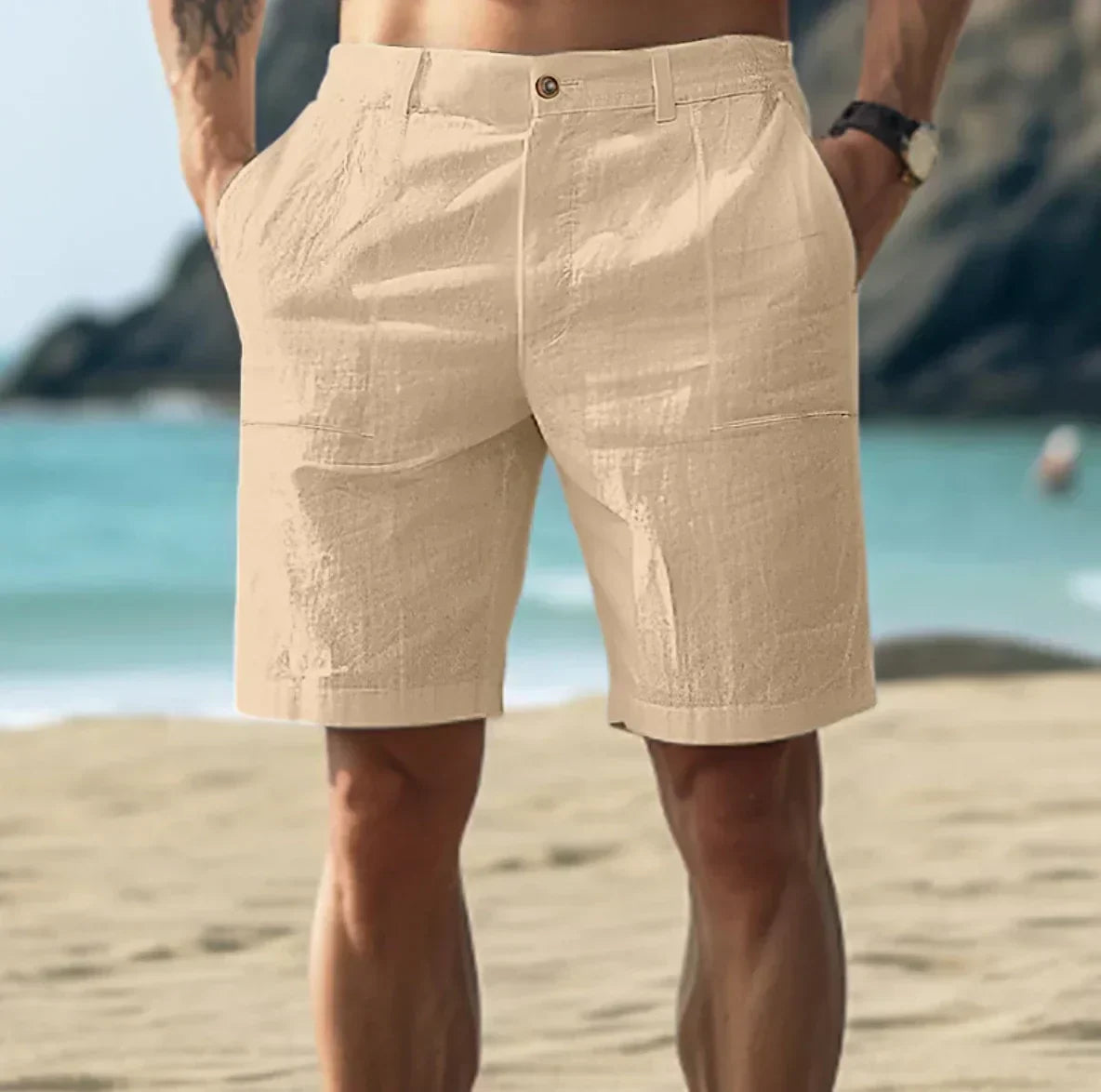 Men's Casual Linen Shorts with Button Fly and Belt Loops