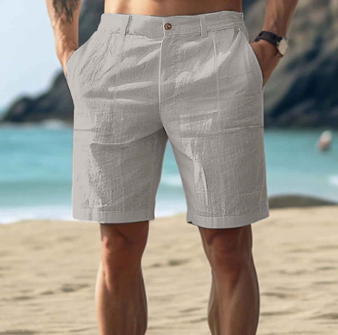 Men's Casual Linen Shorts with Button Fly and Belt Loops