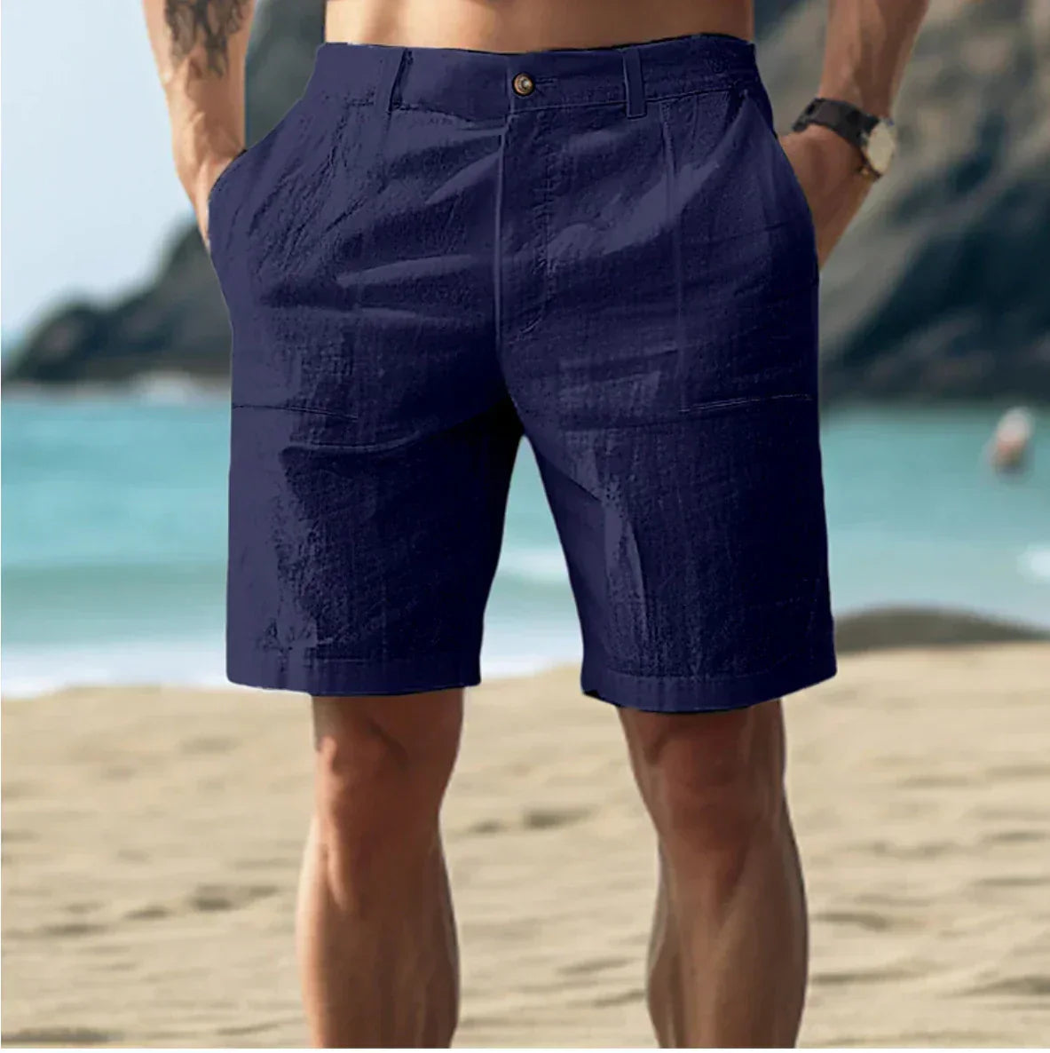 Men's Casual Linen Shorts with Button Fly and Belt Loops
