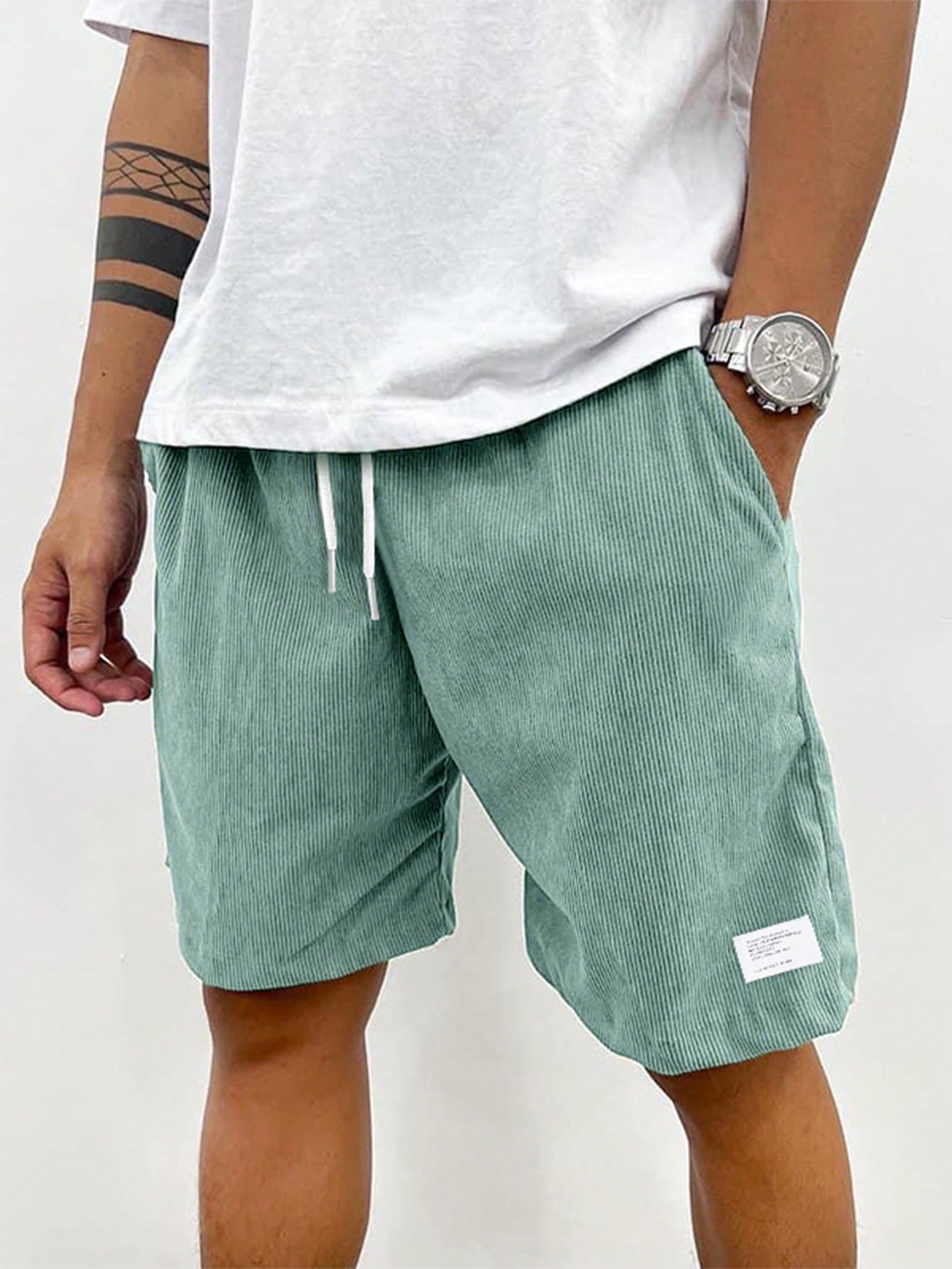 Men's Casual Ribbed Knit Shorts with Drawstring and Pockets