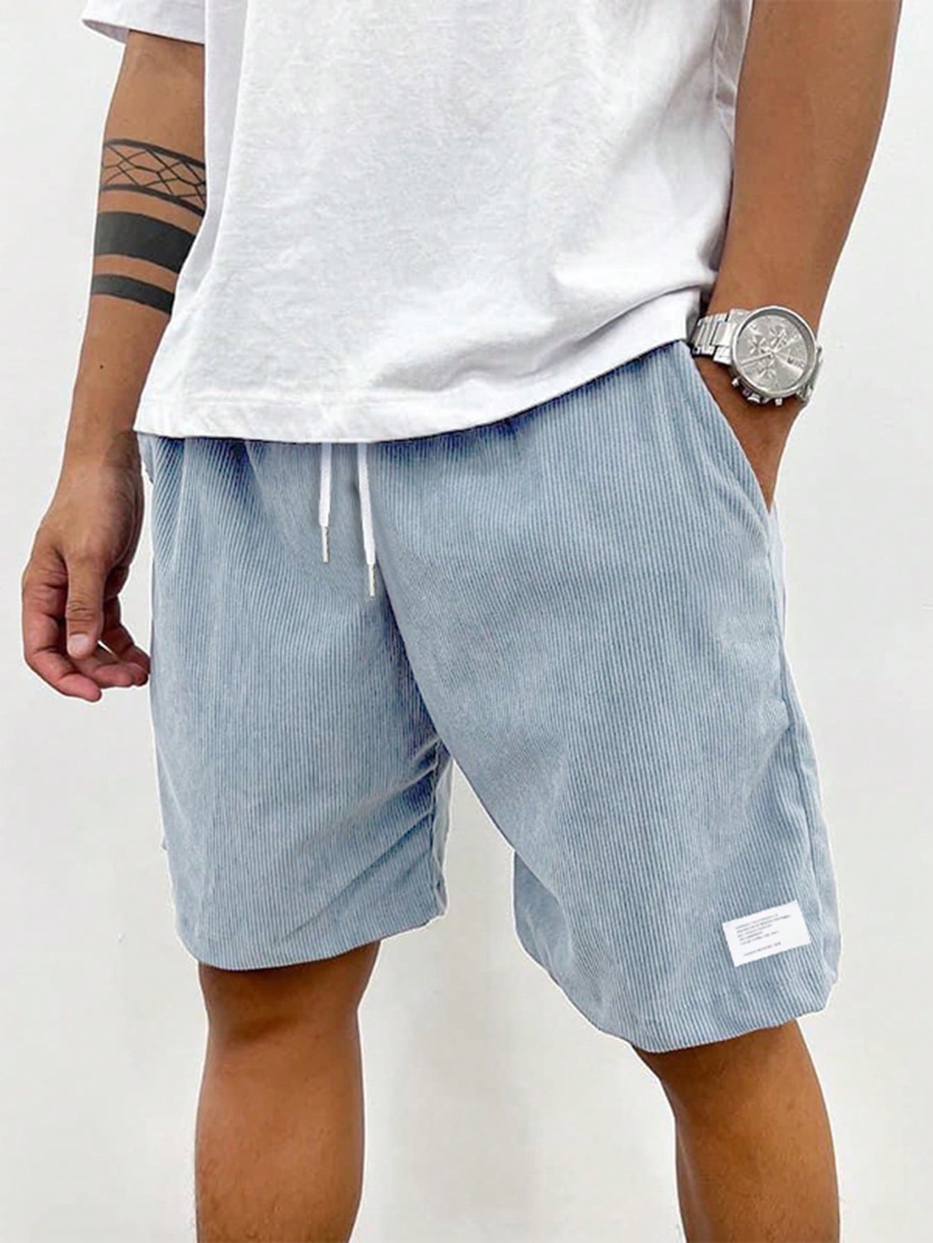 Men's Casual Ribbed Knit Shorts with Drawstring and Pockets
