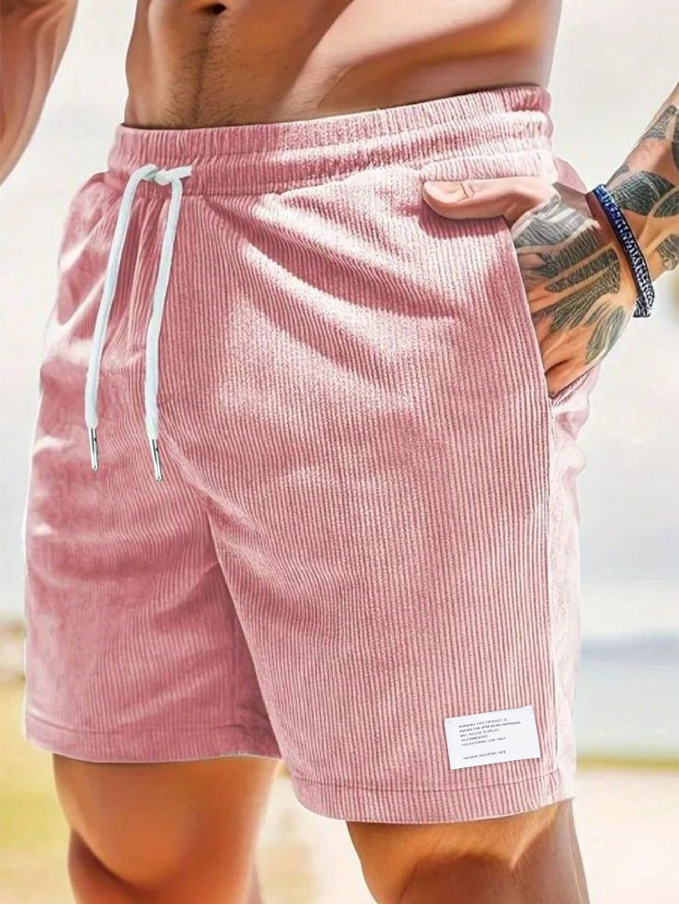 Men's Casual Ribbed Knit Shorts with Drawstring and Pockets