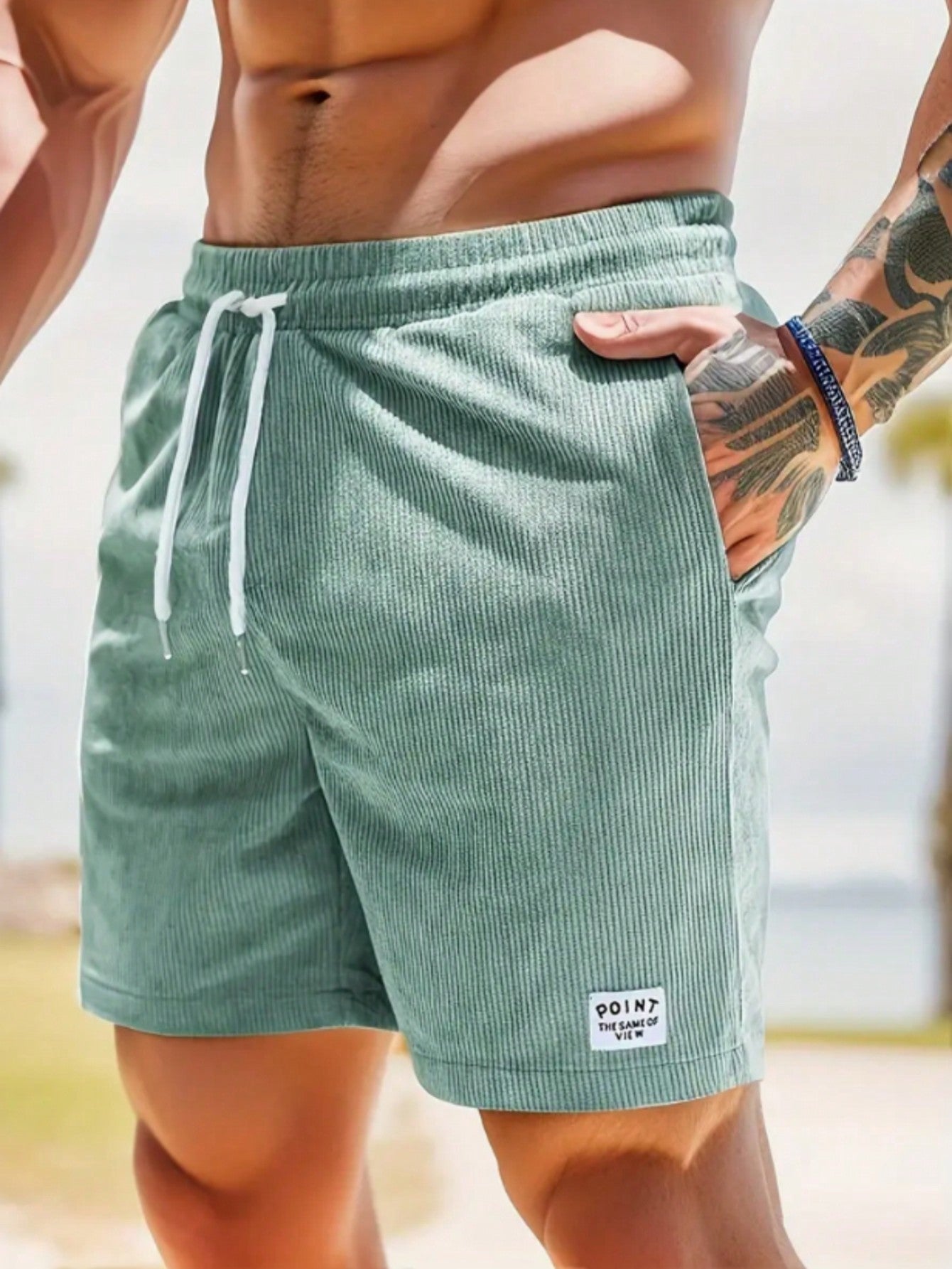 Men's Casual Ribbed Knit Shorts with Drawstring and Pockets