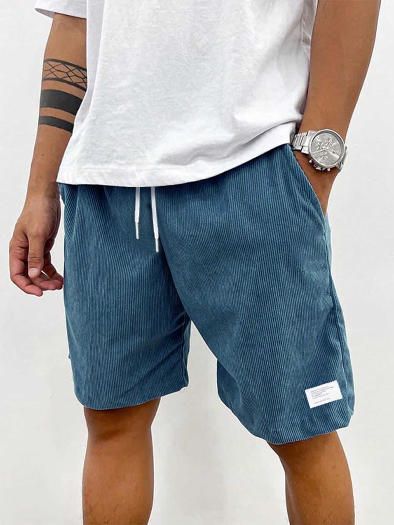 Men's Casual Ribbed Knit Shorts with Drawstring and Pockets