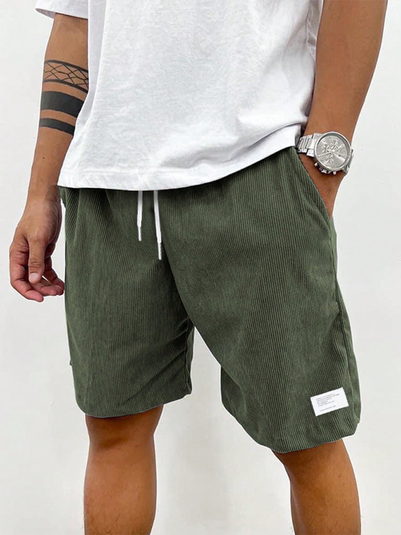 Men's Casual Ribbed Knit Shorts with Drawstring and Pockets