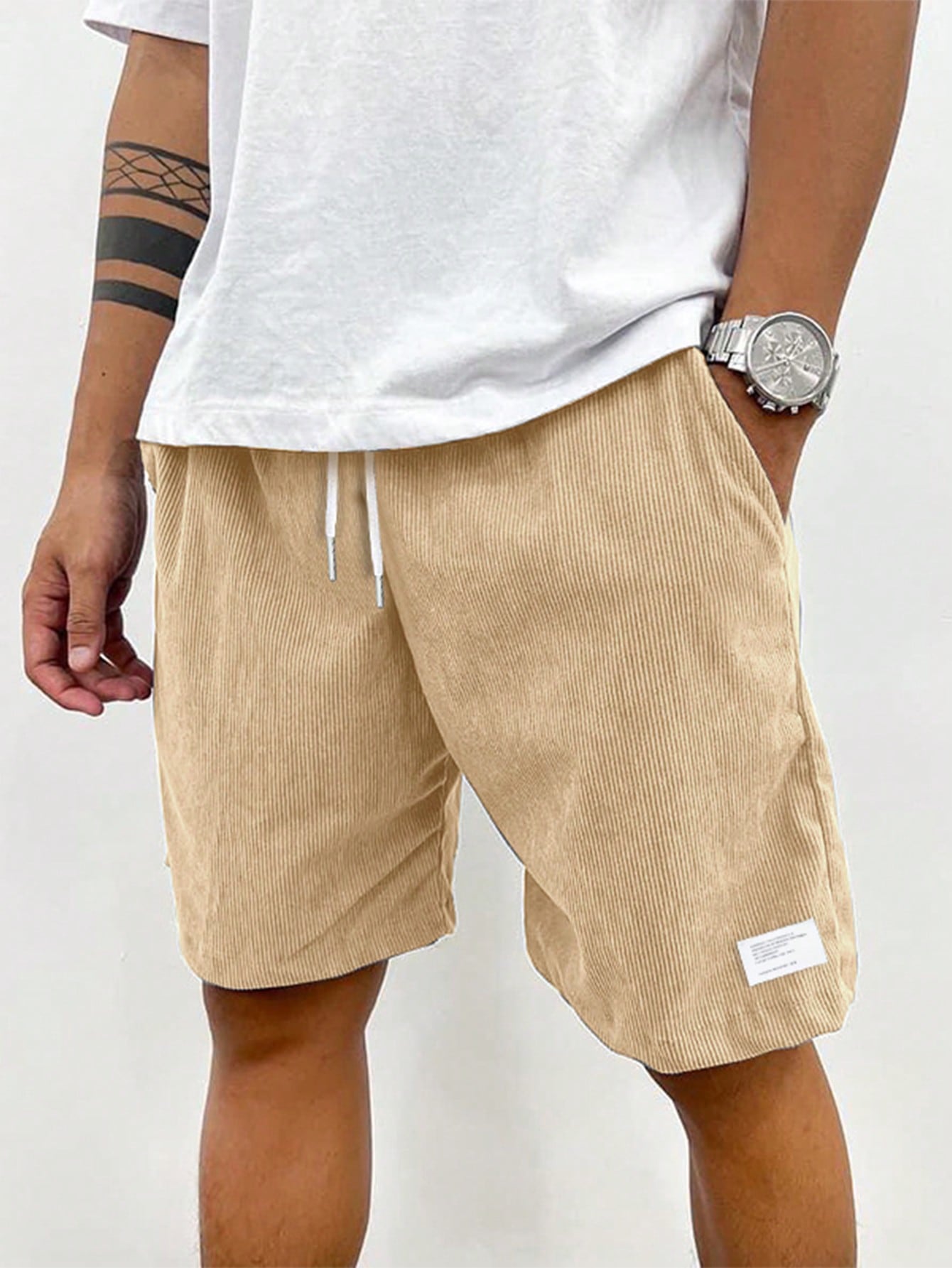 Men's Casual Ribbed Knit Shorts with Drawstring and Pockets