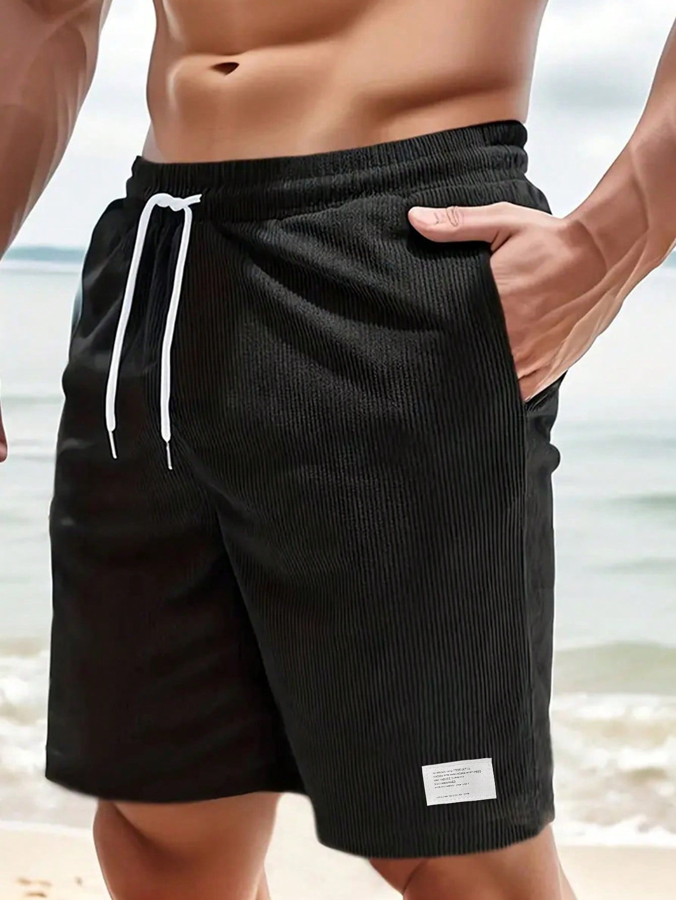 Men's Casual Ribbed Knit Shorts with Drawstring and Pockets