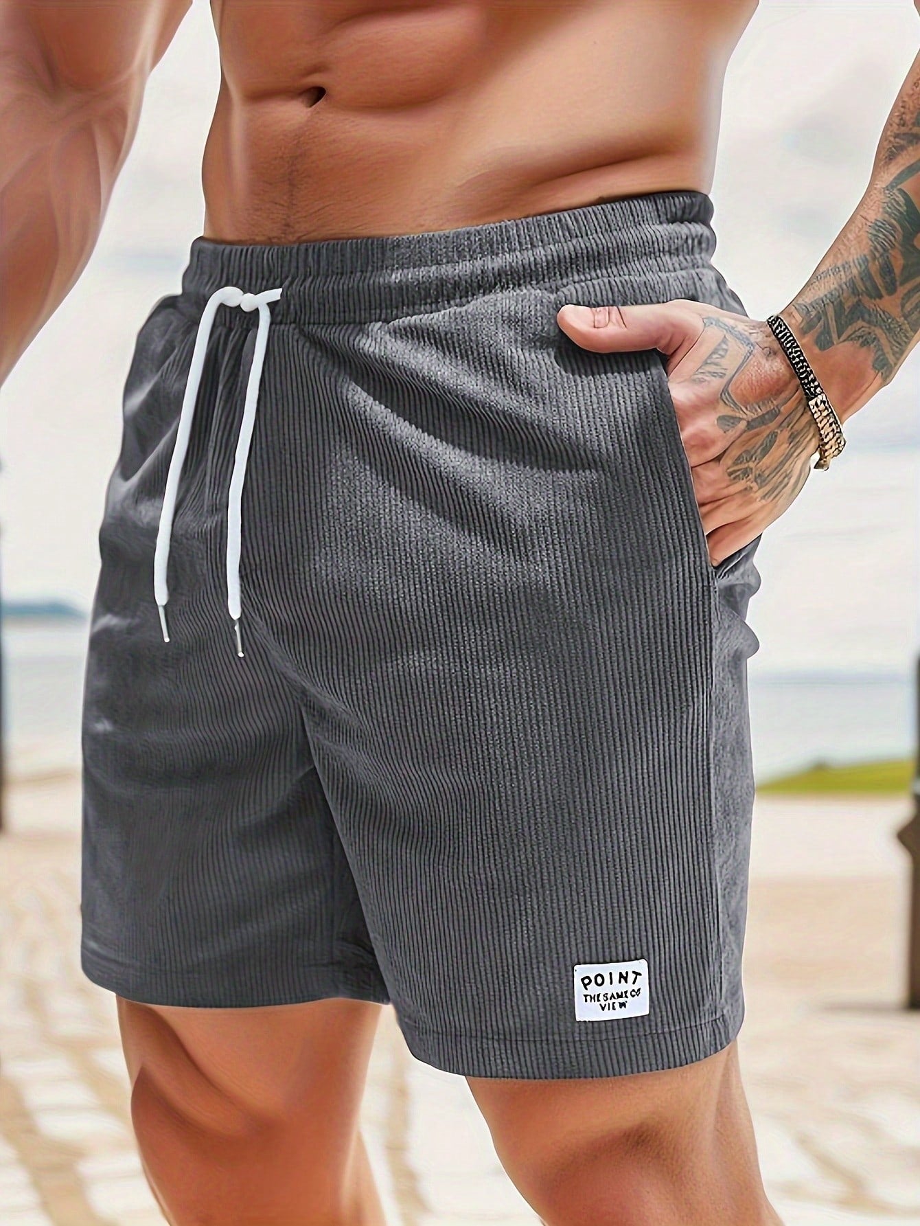 Men's Casual Ribbed Knit Shorts with Drawstring and Pockets